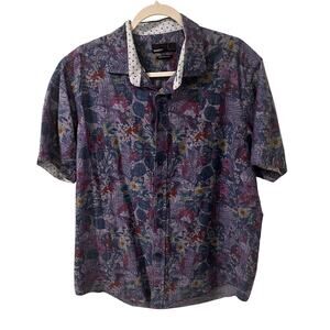 QUIETI Blue Floral Soft SS Cuffed Button Up Men's Shirt 100% Fine Cotton, XL